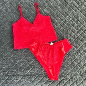 Victoria Secret Cami Set Medium Vintage Rare Gold Label pj Red Satin Tank E